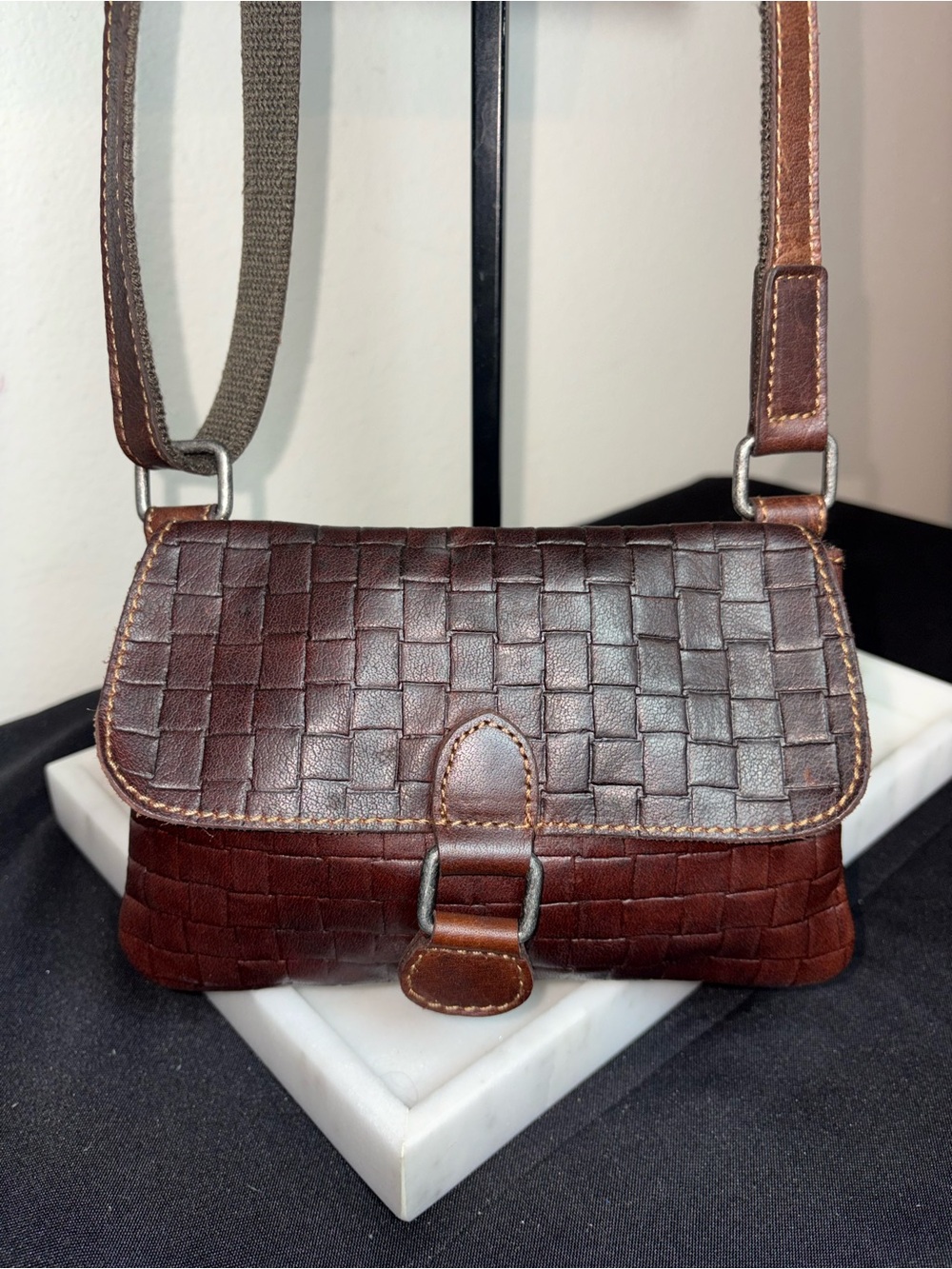 Jack Georges Woven Leather Crossbody Bag in Dark Brown